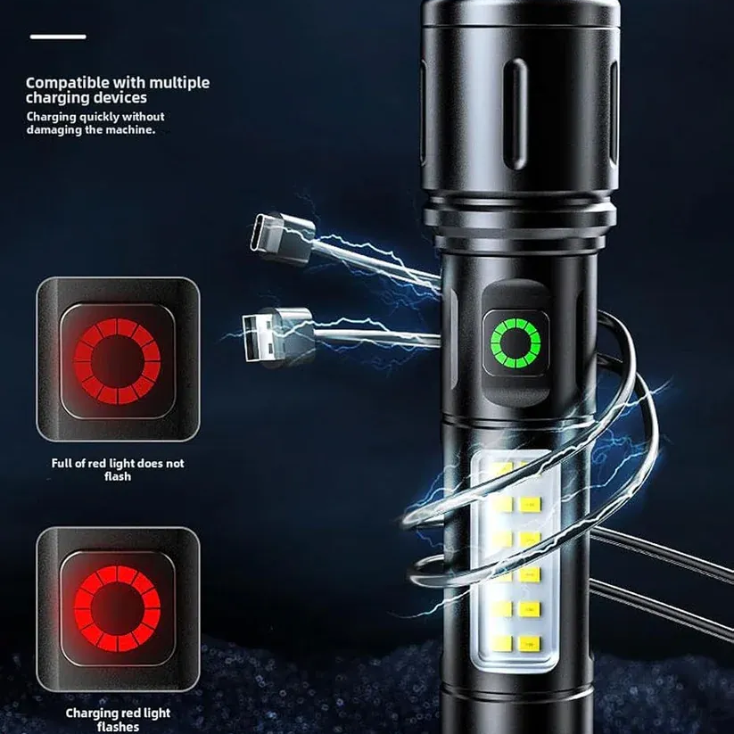Rechargeable Flashlight With Dual Lights And Emergency Light | Powerful LED Torch With Adjustable Brightness | Ideal For Home, Camping, And Emergency Use