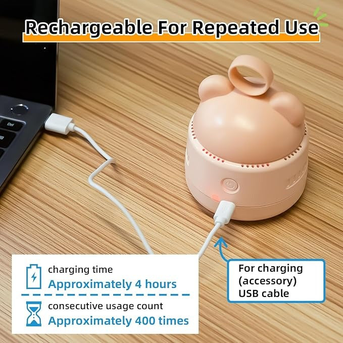 Mini Desktop Vacuum Cleaner with USB Charging – Portable 360° Swivel Dust Cleaner for Keyboards, Office Desks & Small Debris with Bear Head Grip and Cleaning Brush (Random Color)