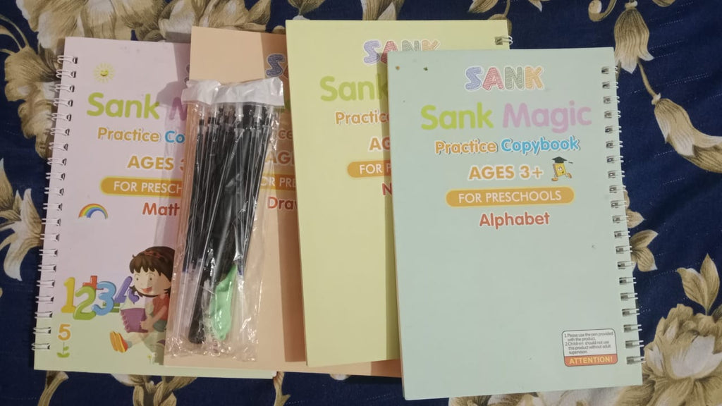 Sank Magic Book Reusable Handwriting Book Set for Kids (4 Books + Pen with 10 Refills) - Montessori Preschool Tracing Practice