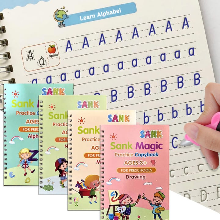 Sank Magic Book Reusable Handwriting Book Set for Kids (4 Books + Pen with 10 Refills) - Montessori Preschool Tracing Practice