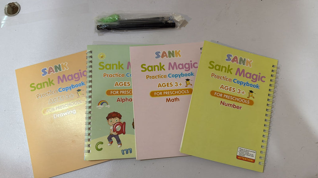 Sank Magic Book Reusable Handwriting Book Set for Kids (4 Books + Pen with 10 Refills) - Montessori Preschool Tracing Practice