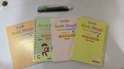 Sank Magic Book Reusable Handwriting Book Set for Kids (4 Books + Pen with 10 Refills) - Montessori Preschool Tracing Practice