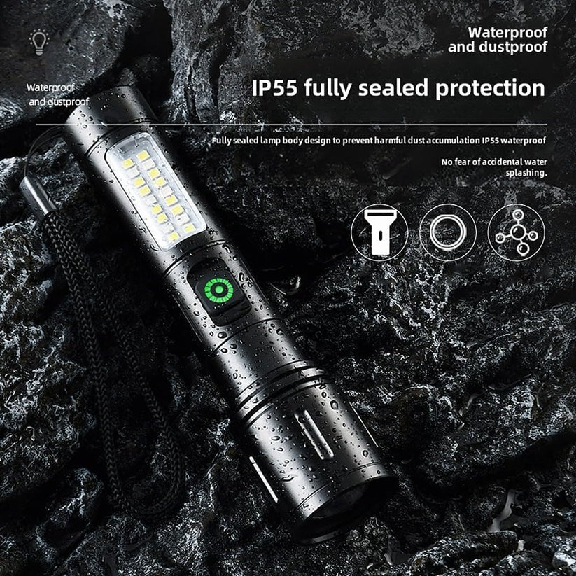 Rechargeable Flashlight With Dual Lights And Emergency Light | Powerful LED Torch With Adjustable Brightness | Ideal For Home, Camping, And Emergency Use