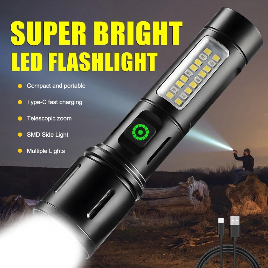 Rechargeable Flashlight With Dual Lights And Emergency Light | Powerful LED Torch With Adjustable Brightness | Ideal For Home, Camping, And Emergency Use