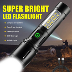 Rechargeable Flashlight With Dual Lights And Emergency Light | Powerful LED Torch With Adjustable Brightness | Ideal For Home, Camping, And Emergency Use