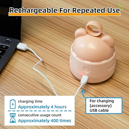 Mini Desktop Vacuum Cleaner with USB Charging – Portable 360° Swivel Dust Cleaner for Keyboards, Office Desks & Small Debris with Bear Head Grip and Cleaning Brush (Random Color)